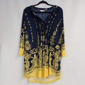 Serengeti Women's Large Blue Floral 3/4 Sleeve 1/2 Button Top Pullover Tunic L